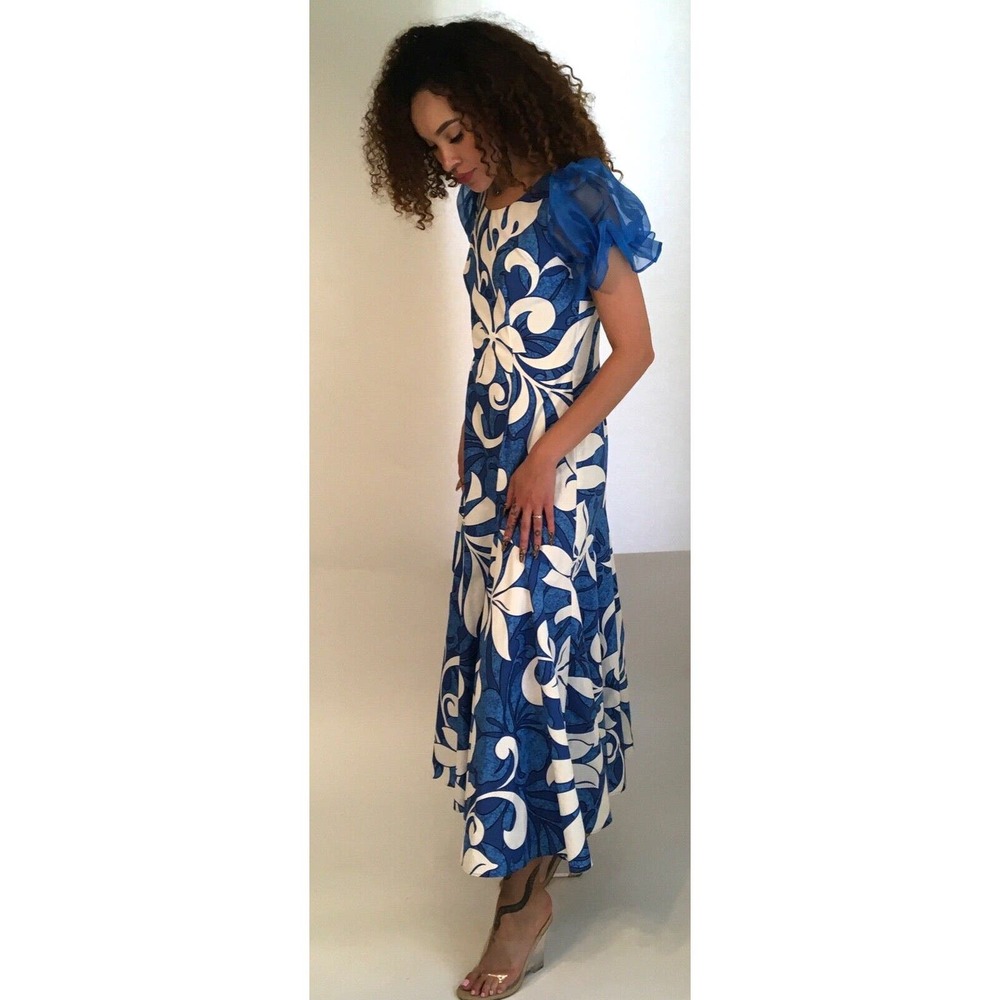 Vintage Dress Women's Medium Blue & White Tropical Floral Cotton Peplum Dress - Picture 2 of 5